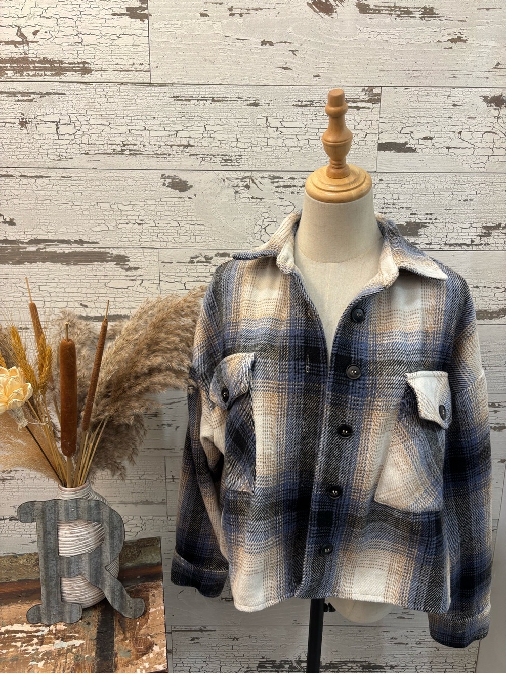 Windsor Blue and Cream Plaid Button-Front Shacket